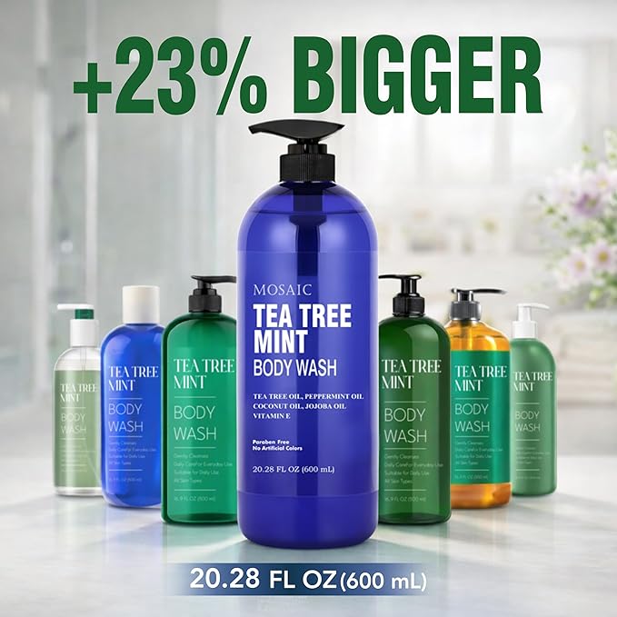 Tea Tree Body Wash with Mint &amp Shower Gel with Vitamin E for Jock Itch Eczema Ringworm Body Odor Body Wash Women &amp Men with Added Body OilsLARGE 20.2 FL Oz Bottle (Tea Tree Mint Pack of