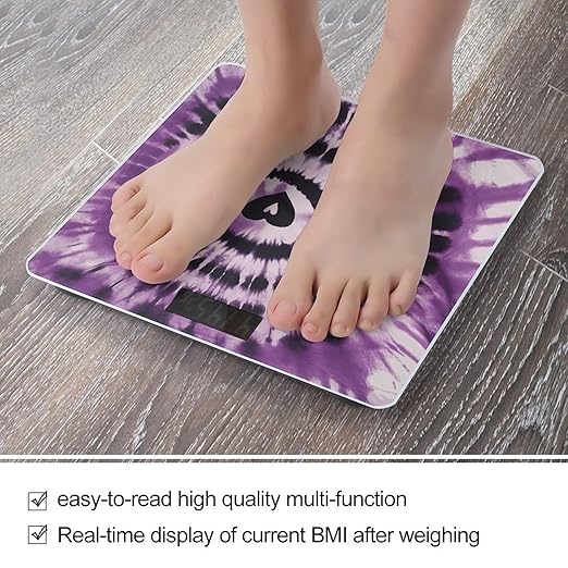 Purple Tie Dye Scale for Body Weight Anti-Slip Tempered Glass Digital Bathroom Scales Clear LCD Display Weighing Scale Safe Rounded Corners Smart Scales