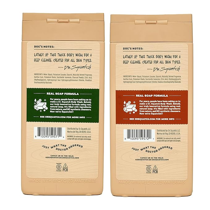 Dr. Squatch Natural Men's Body Wash Shower Gel - Cleansing Nourishing Long Lasting Scent Moisturizing Body Wash for Men - Pine Tar + Wood Barrel Bourbon (14 oz 2-Pack)