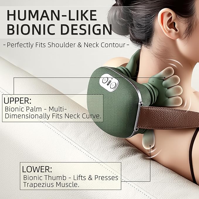 Neck Massager with Heat Bionic Portable Shiatsu Neck and Back Massager Electric Shoulder Massagers with Fingers for Pain Relief Deep Tissue Simulated Human Hand Design 4D Kneading Green