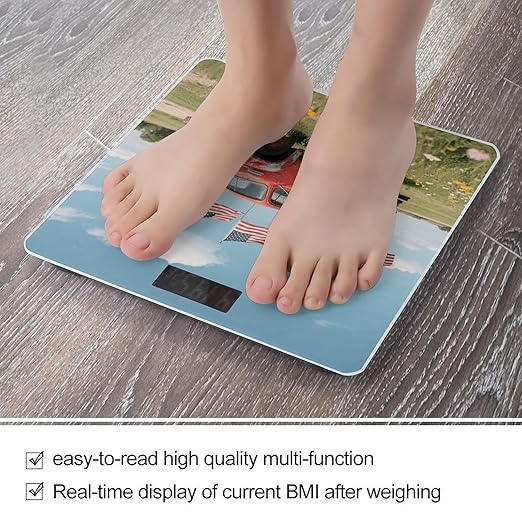4th of July Patriotic Old Red Truck Weight Scale Large Digital Bathroom Scales with Bright LED Display Non Slip Digital Scale and Step On Fashion Weighing Machine for Body