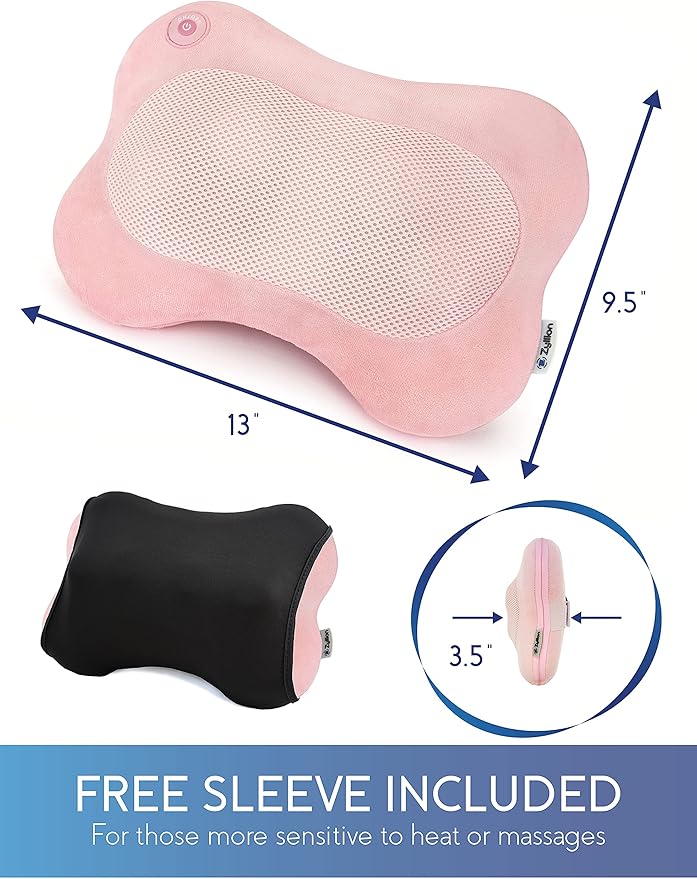 Zyllion Shiatsu Back and Neck Massager with Heat - 3D Electric Kneading Deep Tissue Massage Pillow for Muscle Pain Relief Pink ZMA-13