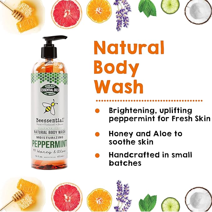 Beessential Natural Body Wash Peppermint | Sulfate-Free Bath and Shower Gel with Essential Oils for Men &amp Women 8 oz