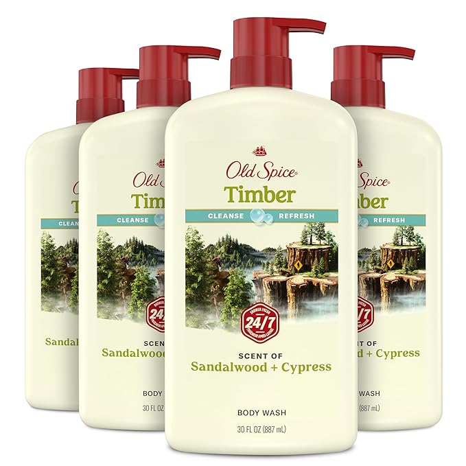 Old Spice Cleansing Body Wash for Men 24/7 Shower Fresh with Lasting Scent Cleanse &amp Refresh Gentle on Skin Vitamin B3 Timber with Sandalwood + Cypress Scent 30 oz (Pack of 4)