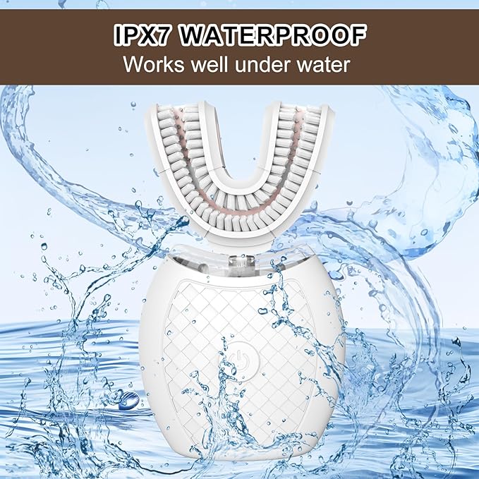 Electric U Shaped Toothbrush for Adult360 Degree Automatic Cleaning Ultrasonic Tooth Brush has 23760 Nylon Bristles and 3 Modes Standard Fast Ultra Fast(White)