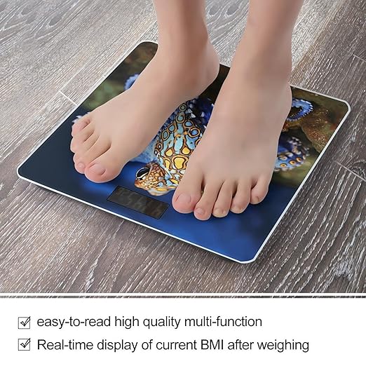 Blue Ringed Octopus Scale for Body Weight Safe Rounded Corners Tempered Glass Digital Bathroom Scale LED Display 400lb Capacity Weight Scales with High Precision Sensors