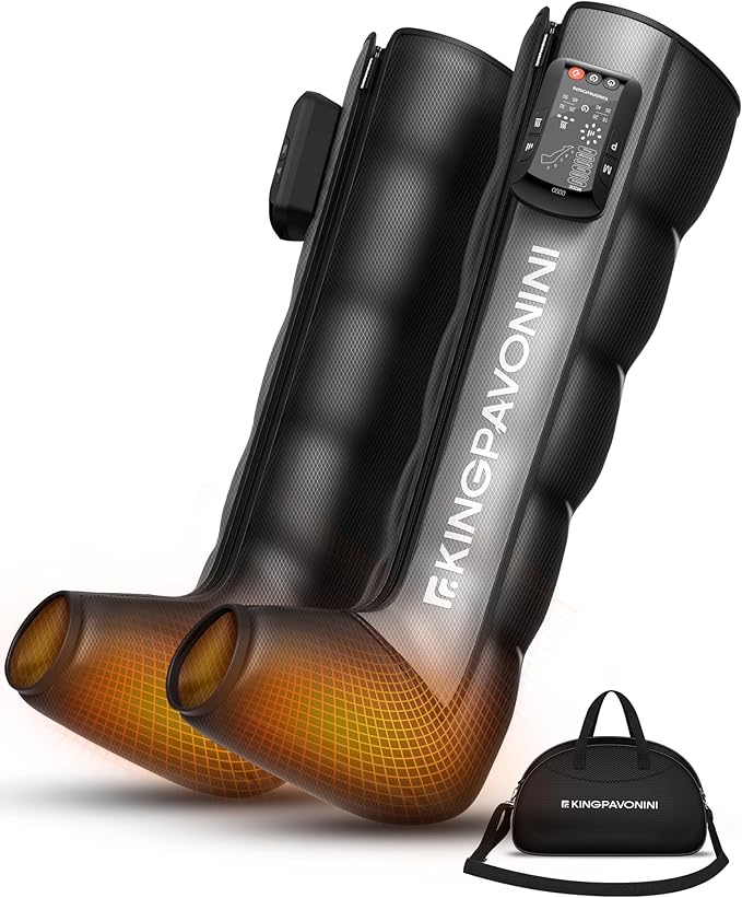 KingPavonini Cordless Leg Compression Massager with 5 Overlapping Chambers &amp 3 Foot Heat 4500mAh Leg Massager for Circulation and Pain Relief 19 Modes &amp 8 Intensities Recovery Boots for Ath