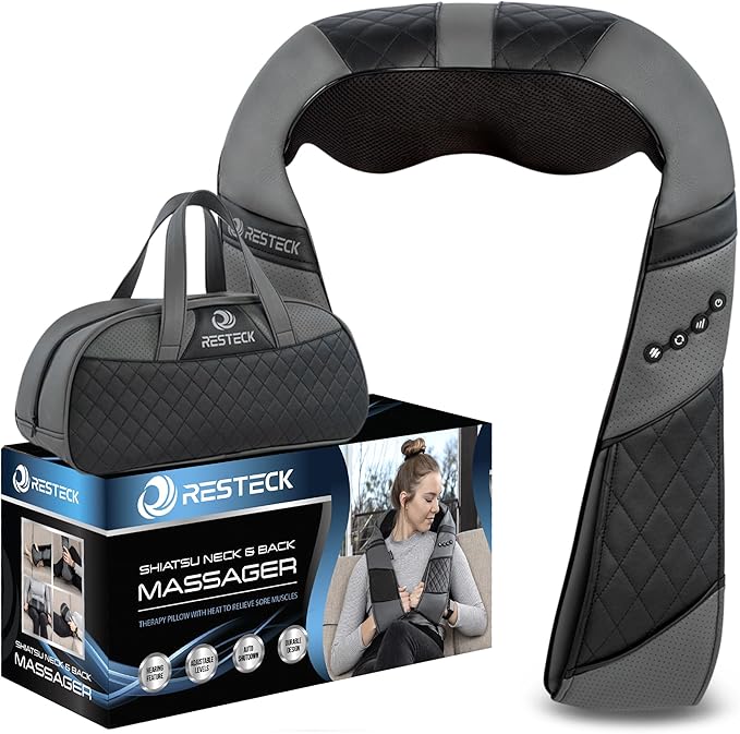 RESTECK Massagers for Neck and Back with Heat - Deep Tissue 3D Kneading Pillow Electric Shiatsu Shoulder Massage Foot LegsBody - Relieve Muscle Pain - Office Home &amp Car