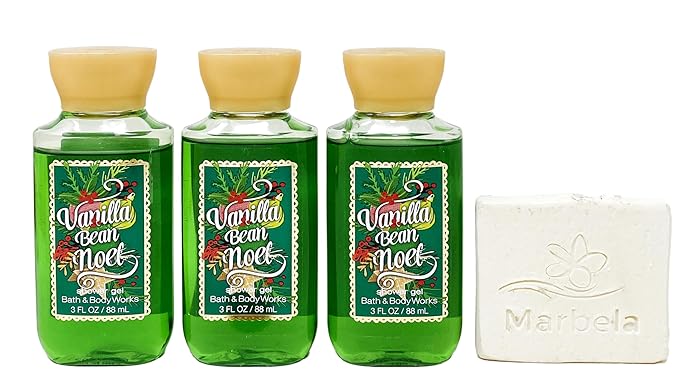 Bath &amp Body Works Vanilla Bean Noel - 3 Pack Travel Size - Shower Gel With a Natural Oats Sample Soap.