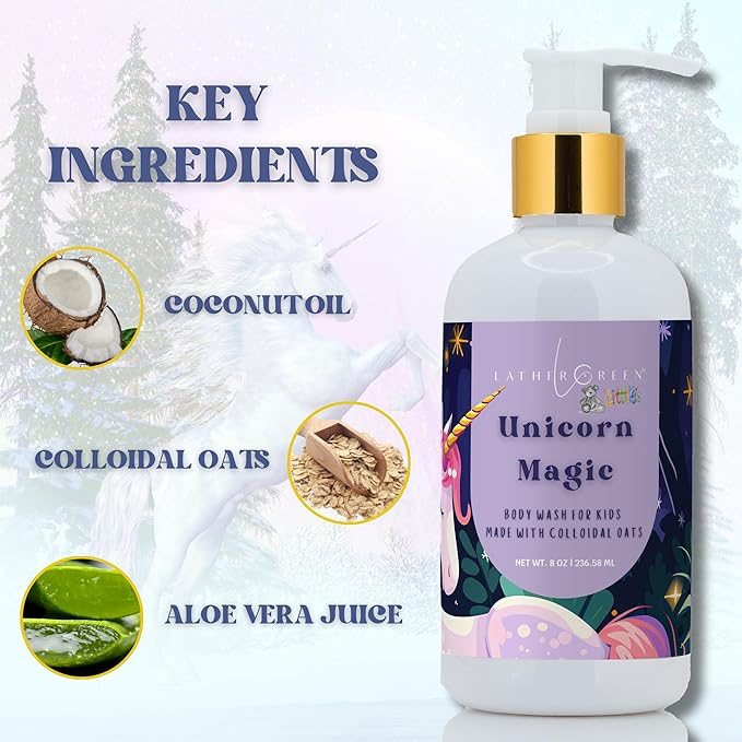 Kids Body Wash – Plant Based Gentle Moisturizer with Shea Butter – Safe for Sensitive Skin – Unicorn Magic – 3 Pack (8 oz Each)