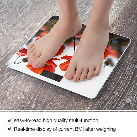 Poppy Flowers Vivid Petals Weight Scale Large Bathroom Scales Digital Weight with Bright LED Display Non Slip Automatic Weighing Scale Fashion Weighing Machine for Body