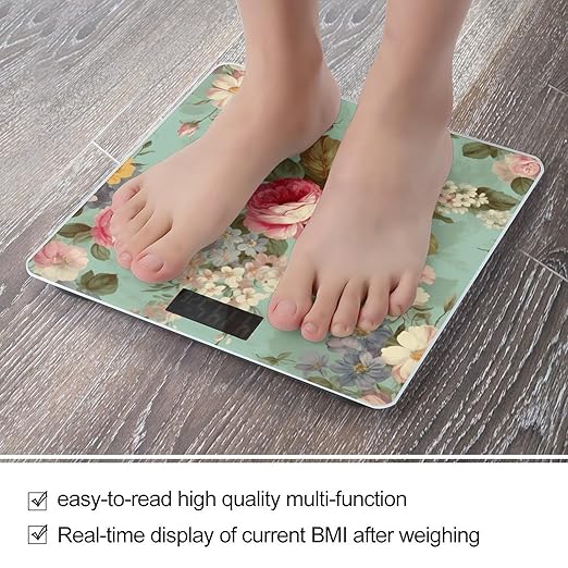 Vintage Floral Flowers Bathroom Scale Large LCD Backlight Display Digital Scale Rounded Corners Body Scales Automatic Power On/Off Bathroom Scales for Home Bedrooms