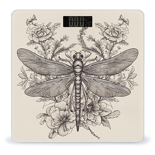 Hand Drawn Floral Dragonfly Weight Scale Large Bathroom Scales Digital Weight with Bright LED Display Non Slip Automatic Weighing Scale Fashion Weighing Machine for Body