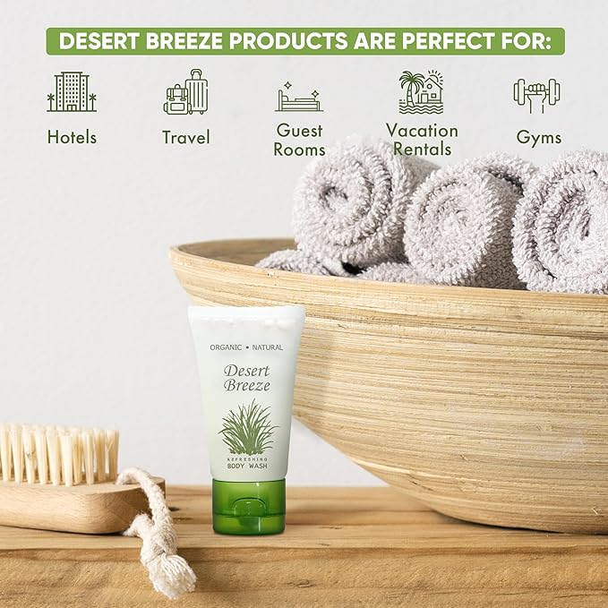 Travel Size Hotel Body Wash 20 Count 1 oz Bottles Guest Amenities for Vacation Rentals and Short Term Rentals Paraben Free Green Tea &amp Lemongrass Scent Infused with Aloe and Olive Oil by Desert Br