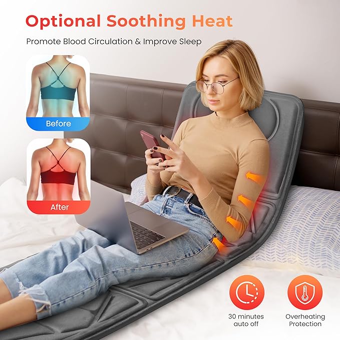 Full Body Massage Mat Massage Pad with 10 Vibrating Motors for Pain Relief Back Massager with Heat Full Body Massage for Back LumbarLeg Gifts for Men Women Long 67