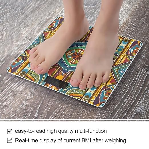 African Style Textile Pattern Scale for Body Weight Accurate Digital Bathroom Scale Toughened Glass High Precision Scales Smart Weight Scales with Large LCD Backlight Display Weighing Machine