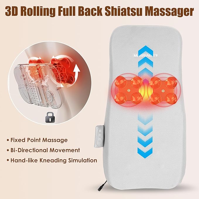 Shiatsu Full Back Massager with Heat Ultrathin Electric Rolling Back Massage Mat with 3D Kneading for Pain Relief Deep Tissue Chair Massager for Office Home