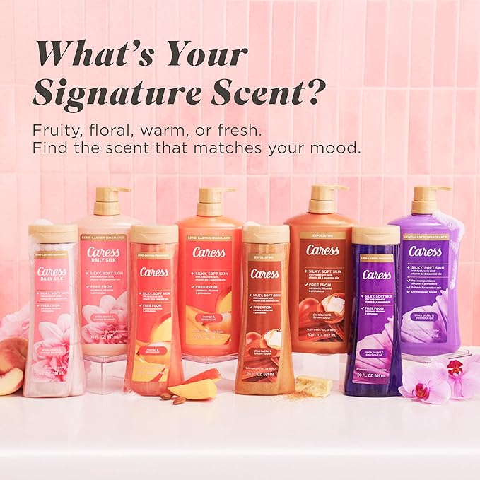 Caress Peony &amp Almond Blossom Body Wash Hyaluronic Acid &amp Vitamin B3 for Moisturized Silky Soft Skin Long-Lasting Floral Bouquet Fragrance 20 fl oz (4 Pack)