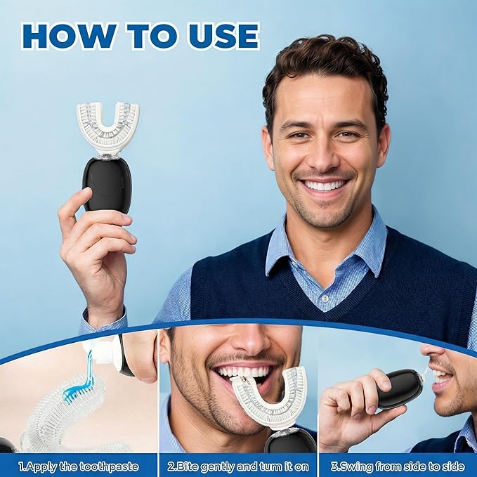 U Shaped Electric Toothbrush for Adults Rechargeable Electric Toothbrush with 360° U Brush Nylon Bristles 3 Brushing Modes IPX7 Waterproof Home &amp Travel Use