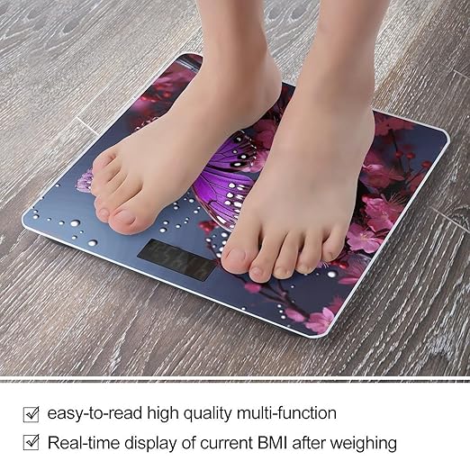 Digital Bathroom Scale for Body Weight Scale with Bright LCD Display High Accuracy Step-On Technology Auto On/Off Purple Plum Butterfly Digital Scales 400 Lbs /180kg