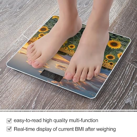 Beautiful Sunflower Field Sunset Scale for Body Weight Highly Accurate Digital Bathroom Body Scale Digital Bathroom Scales for People Anti-Slip Large LCD Display Smart Scales