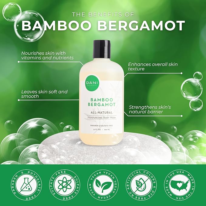 DANI Naturals Moisturizing Body Wash - Refreshing Bamboo Bergamot Scent with Organic Aloe Vera &amp Natural Glycerin - Paraben &amp Sulfate-Free Shower Gel - For Men &amp Women - 12 oz - Vegan &amp