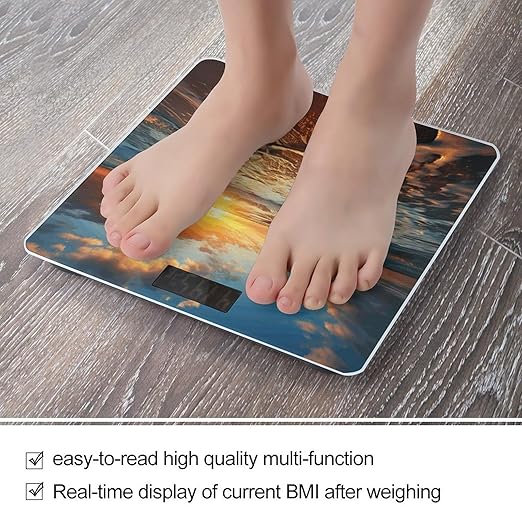 Ocean Sunrise Scale for Body Weight Precision Bathroom Weighing Scales with Back Lit LCD Display Sturdy Tempered Glass Body Weight Scales Digital Bathroom Scale 400lb
