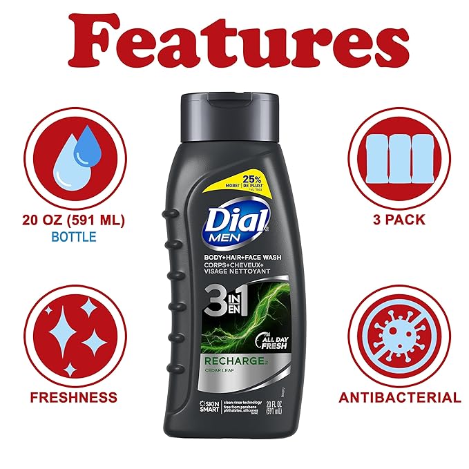 Dial Men Body Wash 3 Pack Recharge 3-in-1 Body Hair and Face Wash Cedar Leaf Scent Long Lasting All Day Fresh Body Wash for Men 20 oz. Each