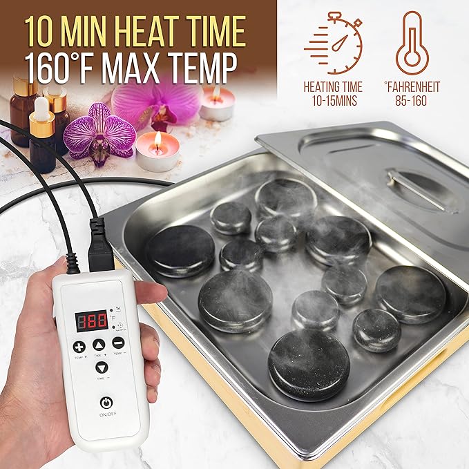 SereneLife Portable Massage Stone Warmer Set Electric Spa Hot Stones Massager and Heater Kit with 6 Large and 6 Small Round Shaped Basalt Warm Massaging Therapy Rocks Equipment