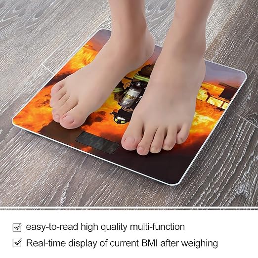 Firefighter Fireman Flame Weight ScaleClear LED Display Bathroom Digital Weighing ScaleTempered Glass Digital Bathroom Scale for Body Weight Capacity Up to 400 Lbs