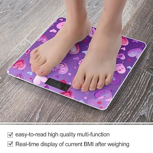 Purple Love Pattern Scale for Body Weight Sturdy Tempered Glass Weighing Scales with LCD Display Accurate Digital Bathroom Scale Convenient Body Fat Smart Scales 400lb