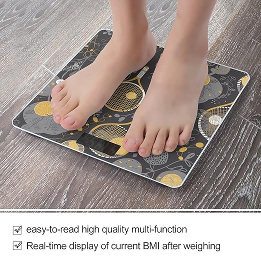 Funny Tennis Racquets and Tennis Balls Bathroom Scale for Body Weight Bathroom Weighing Scale with Backlit LCD Display Highly Accurate Measures Weight Up to 180kg