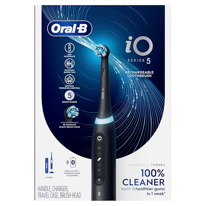 Oral-B Rechargeable Electric Toothbrush iO5 Customizable Clean 5 Cleaning Modes Visual Pressure Sensor to Protect Gums Travel Case Black