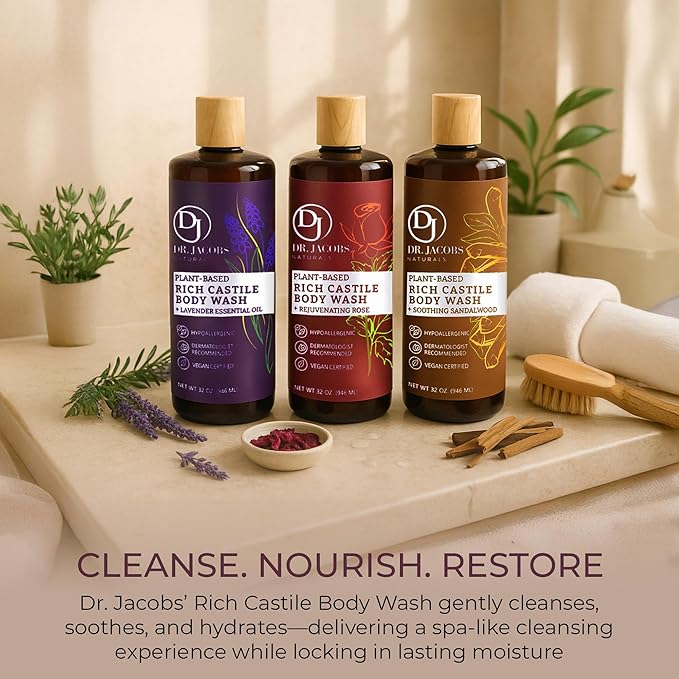 Dr. Jacobs Naturals Castile Rose All-Natural Body Wash for Moisturizing Dry and Sensitive Skin Shampoo with Plant-Based Ingredients Gluten Preservatives-Free Formula with Pump - 32 Ounce