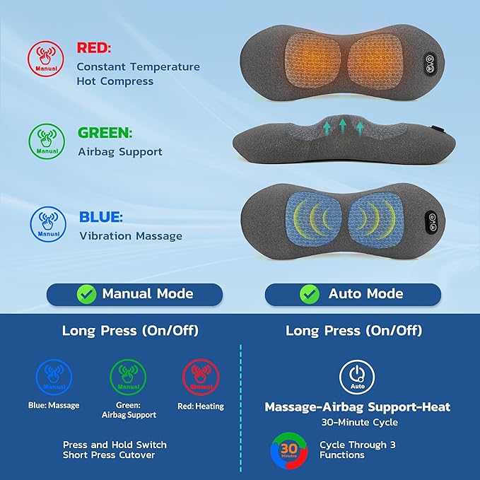Rechargeable 3 in 1 Lumbar Support Pillow Electric Lower Back Massager Waist Decompression Devices Heat Vibration