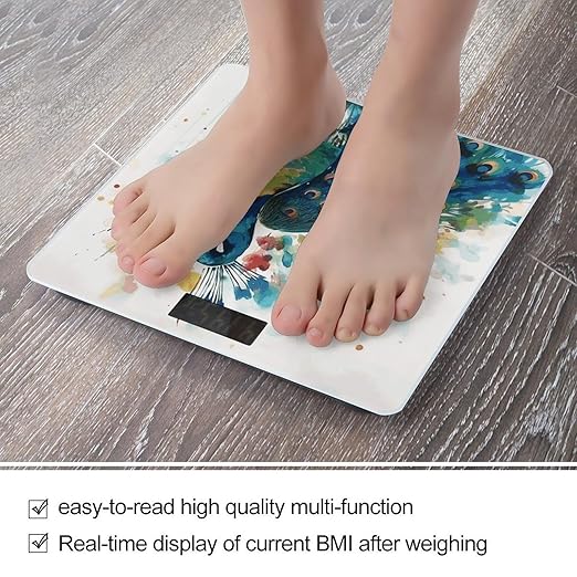 Watercolor Peacock Bathroom Scale for Body Weight Bathroom Weighing Scale with Backlit LCD Display Highly Accurate Measures Weight Up to 180kg