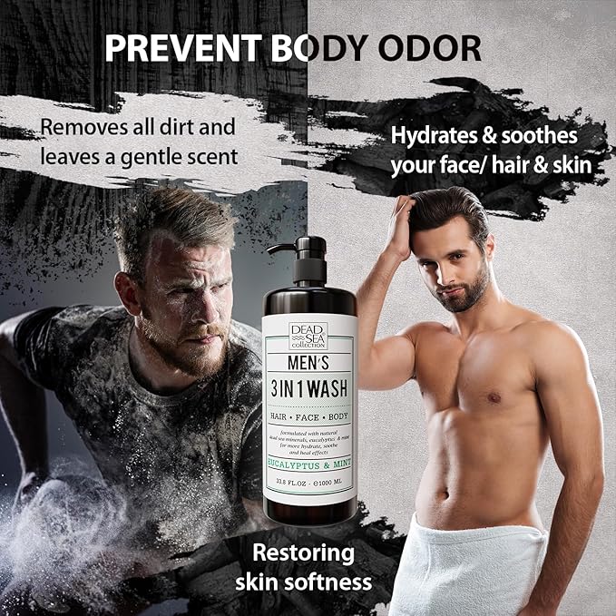 Dead Sea Collection Eucalyptus Mint Men’s Body Wash – 3 in 1 Body Wash for Men for Hair Face &amp Body – Moisturizing Shower Gel with Dead Sea Minerals – Pack of 2 (33.8 fl oz each)