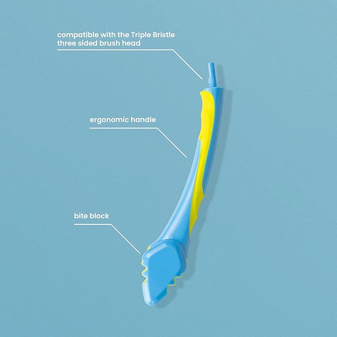 Triple Bristle Brush and Bite Handle Replacement Brush Head Combo | Special Needs &amp Autism Mouth Prop Toothbrush | Ergonomic Handle w/Bite Block | Patented 3 Head Design | Kids &amp Adults