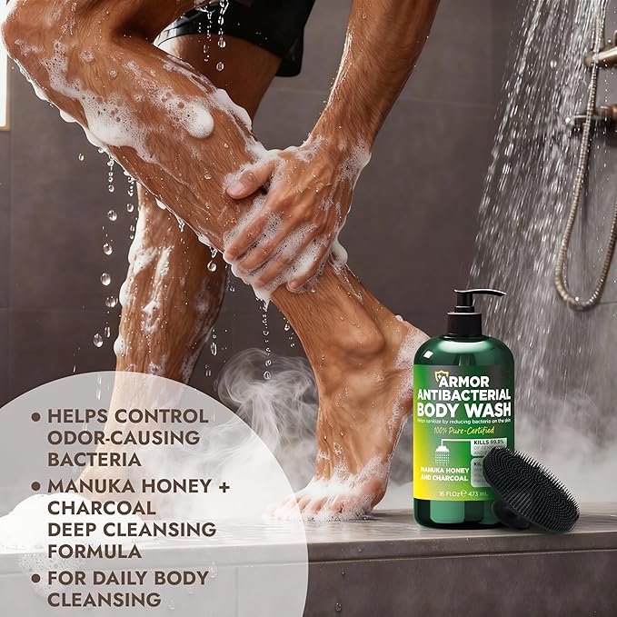 Antibacterial Body Wash | Antibacterial Soap for Men &amp Women | Kills 99.9% of Germs &amp Bacteria | Helps with Back Acne Body Odor &amp Skin Irritation | Manuka Honey &amp Charcoal 16 fl oz