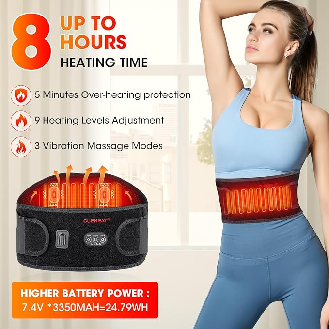 CUEHEAT Heated Waist Belt Cordless Back and Belly Heating Massage Electric Rechargeable Battery Powered