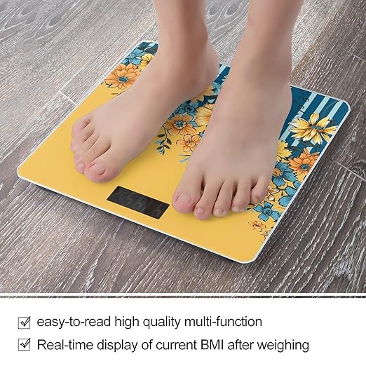 Yellow and Blue Floral Scale for Body Weight Digital Bathroom Scale Accurate Smart Weight Scales with Large Display Weighing Machine High Precision Scales