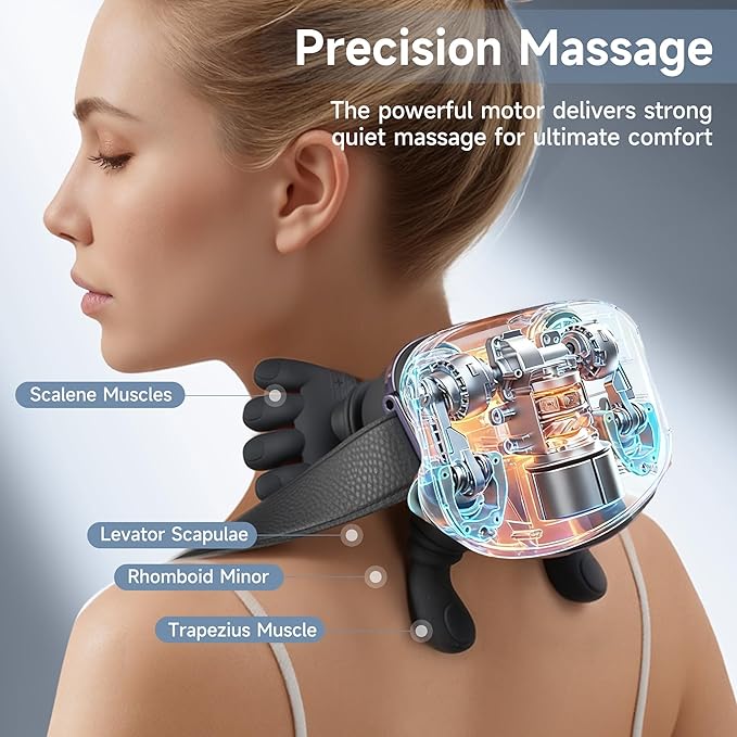 Neck Massager Bionic Heated Massager Portable Shiatsu Neck and Back Massager Electric Deep Tissue 4D Kneading Massage Simulated Human Hand Design for Pain Relief and Muscle Relax (Black)