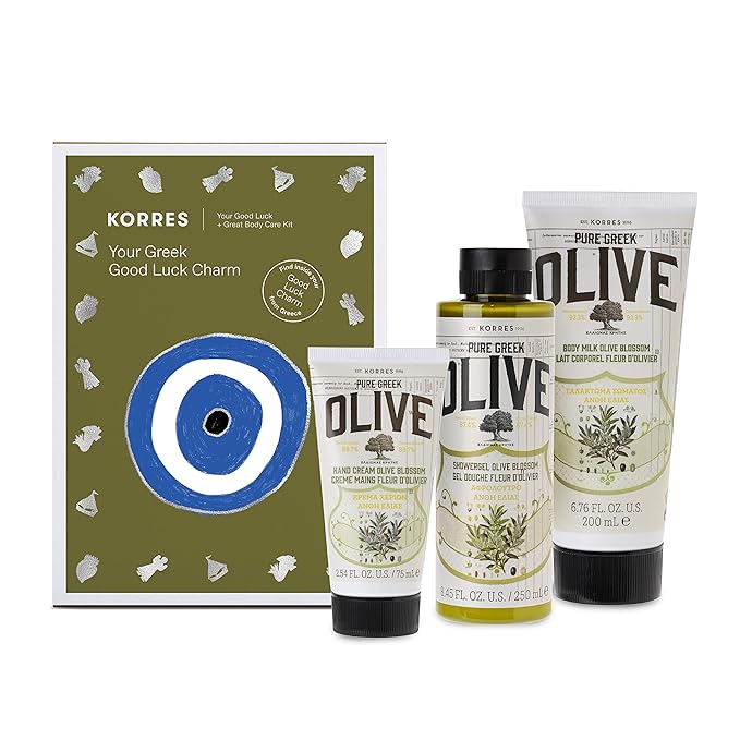 KORRES Body Care Collection Pure Greek Olive Oil Shower Gel Body Lotion and Hand Cream Moisturizer for Dry Skin Moisturizing and Hydrating for Smooth Supple Skin Olive Blossom 3 Piece Gift Set
