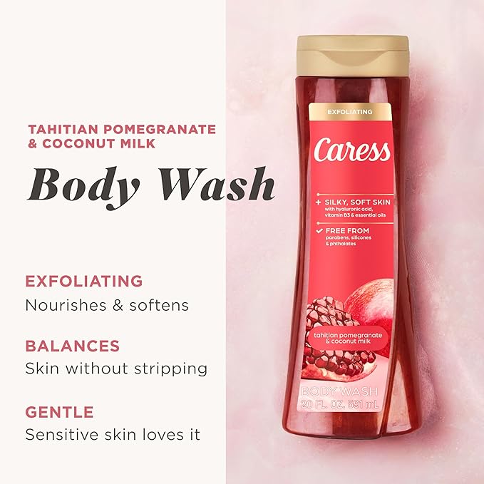Caress Tahitian Pomegranate &amp Coconut Milk Exfoliating Scrub Body Wash with Hyaluronic Acid &amp Vitamin B3 for Moisturized Silky Soft Skin Long-Lasting Fragrance 20 fl oz (4 Pack)