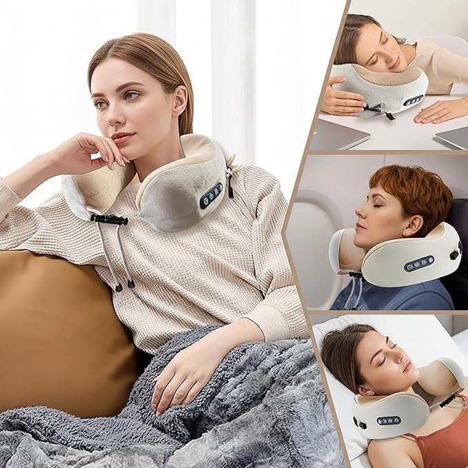Portable Heated Neck Pillow Massager Rechargeable Electric Cushion with Vibration &amp Warm Compress for Pain Relief Comfort &amp Relaxation – Ideal Gift for Loved Ones (Brown)