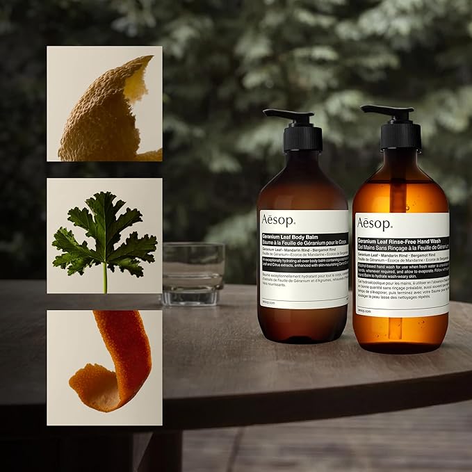 Aesop Geranium Leaf Body Cleanser &amp Balm Set | Citrus &amp Fresh Duo to Cleanse and Hydrate Skin | Geranium Leaf Mandarin Rind Bergamot Rind | 16.9 oz / 500mL (Set of 2)