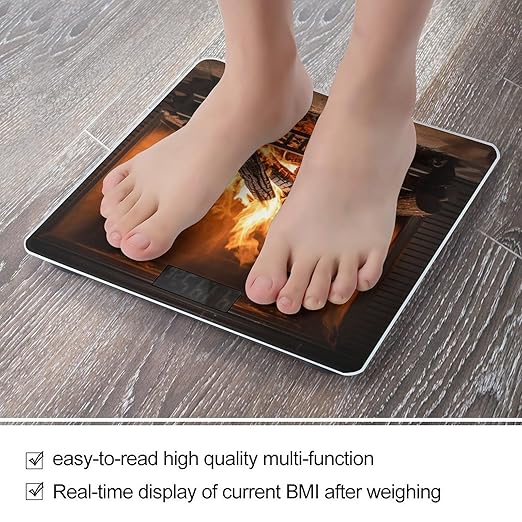Burning Firewood Large Fireplace Scale for Body Weight Anti-Slip Tempered Glass Digital Bathroom Scales Clear LCD Display Weighing Scale Safe Rounded Corners Smart Scales