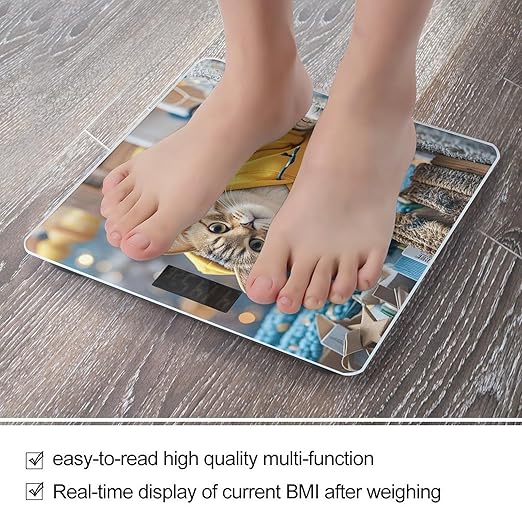 Cat in Yellow Hoodie Bathroom Scale for Body Weight Bathroom Weighing Scales with Back Lit LED Display Sturdy Tempered Glass Body Weight Bathroom Scale 400lb Weighing