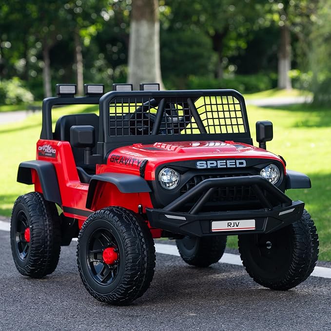 12V 7AH 4WD Kids Ride-On Truck Electric Off-Road Car with Remote &amp Pedal Control LED Lights Music USB Safety Belt 4-Wheel Suspension Adjustable Speeds Outdoor Gift for Boys Girls Red