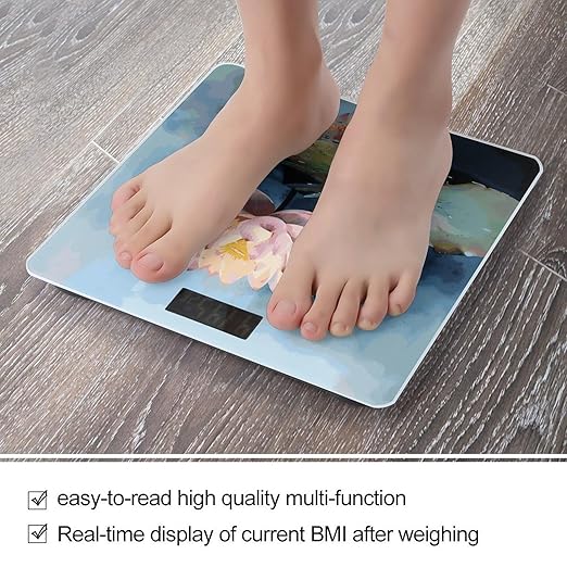 Lotus Flower Painting Scale with LCD Precision Weighing Scales Sturdy Tempered Glass Weight Scales Easy-to-Read Anti-Slip Weight Digital Bathroom Scale for Daily